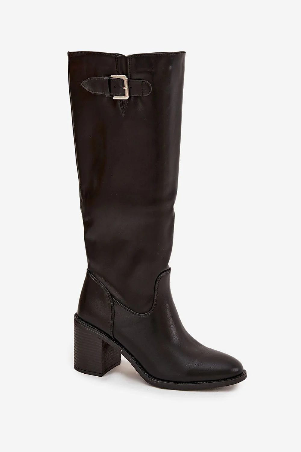 bottes hautes femme simili cuir noir tige mi mollet fermeture eclair intérieure boucle décorative réglable bout pointu talon bloc 8cm