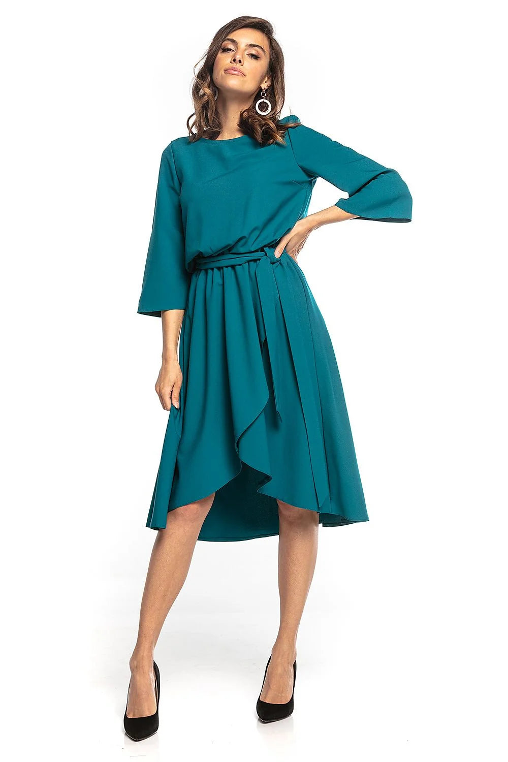 Robe élégante polyester asymétrique chic manches trois-quarts ceinture ajustable bleu canard pour femmes modernes