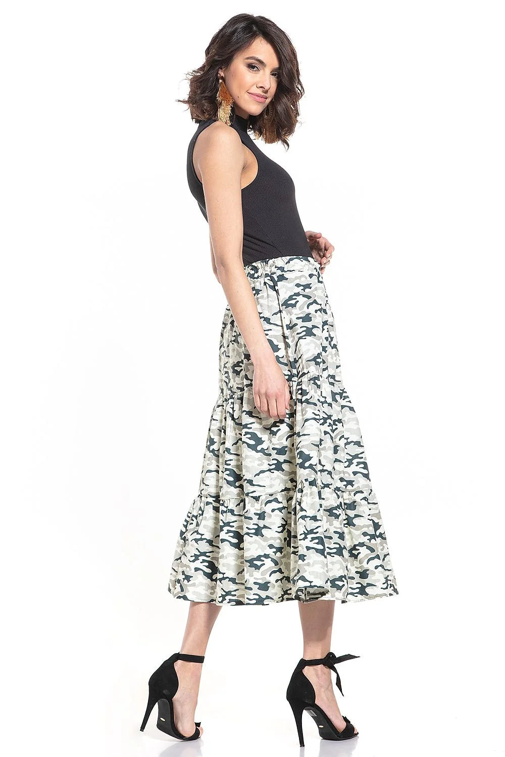 Jupe longue camouflage coton évasée avec ceinture élastiquée pour femme moderne tendance style urbain