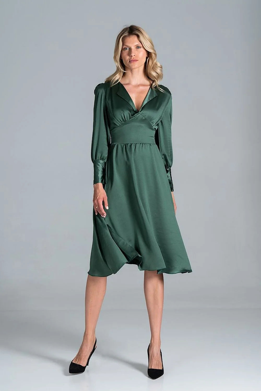 Robe satin vert foncé élégante manches longues dos nu ajustable événements formels femme chic