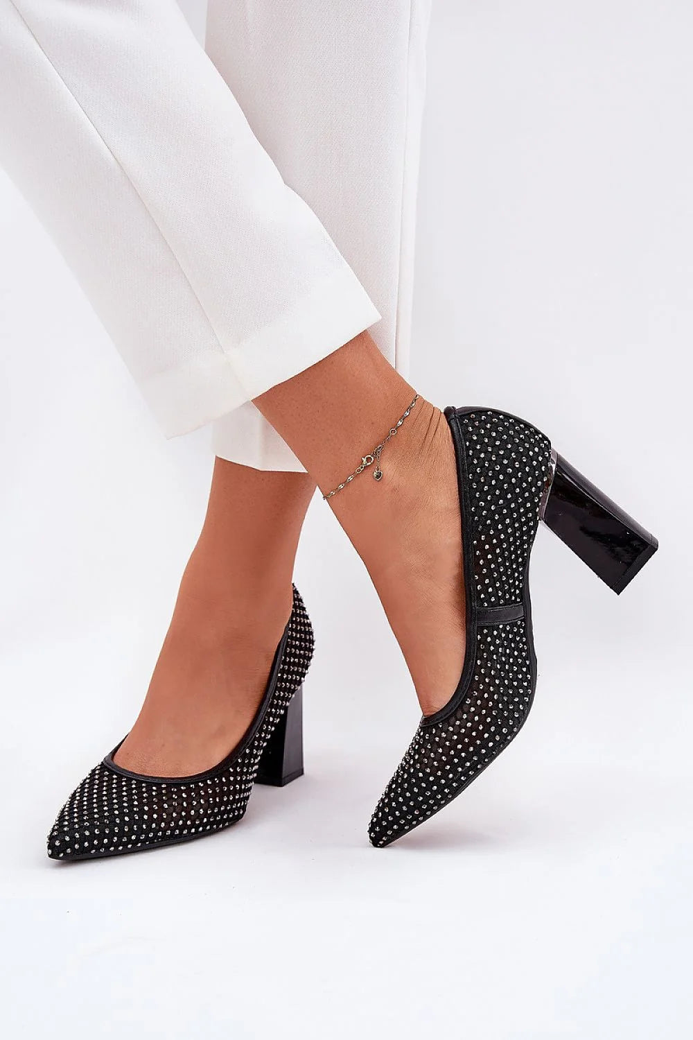 Escarpins talon carré haute maille noire strass argenté pointu classique femmes soirée occasion élégante Vinceza