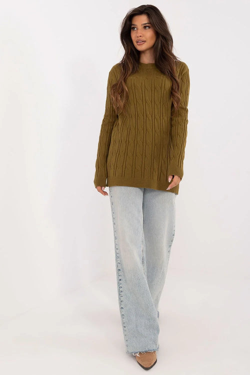 pull torsadé maille épaisse oversize tunique col rond manches longues bords côtes couvrant hanches jeans délavé bleu large