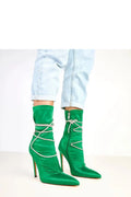 bottines femme satin vert émeraude bout pointu talon aiguilles 12cm tige 21cm zip latéral lacets zircons brillantes couture