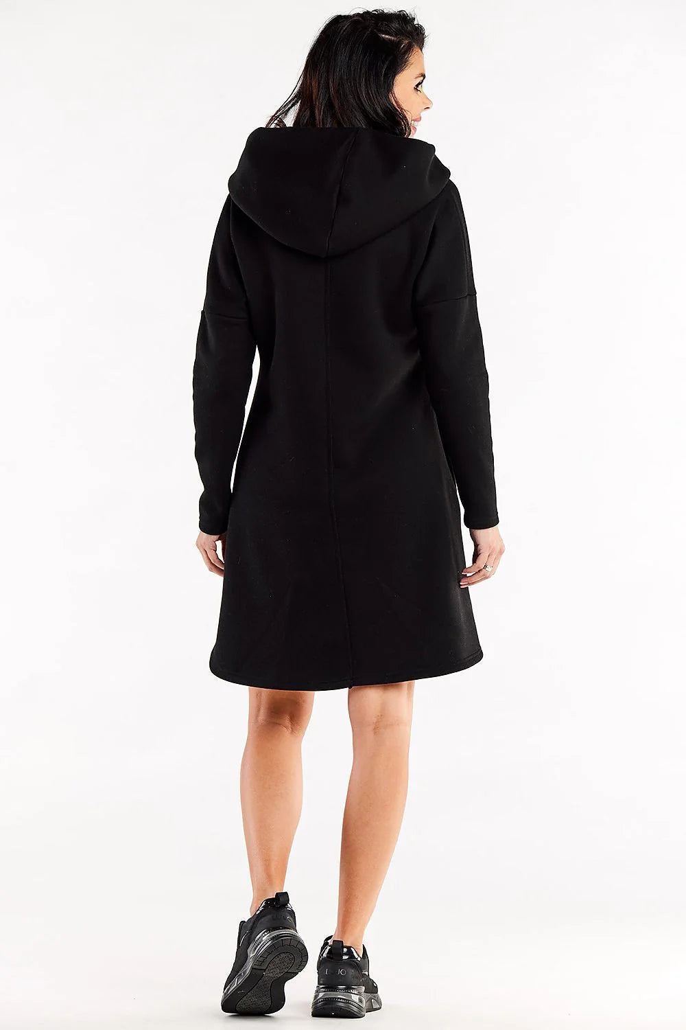 Robe de jour moderne Infinite You robe trapèze ample capuche manches longues coton élasthanne noir femme taille ajustable