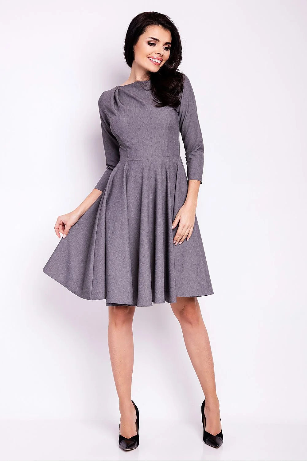 Robe de jour élégante coupe ajustée jupe évasée manches 3/4 encolure bateau gris anthracite femmes