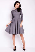 Robe de jour élégante coupe ajustée jupe évasée manches 3/4 encolure bateau gris anthracite femmes
