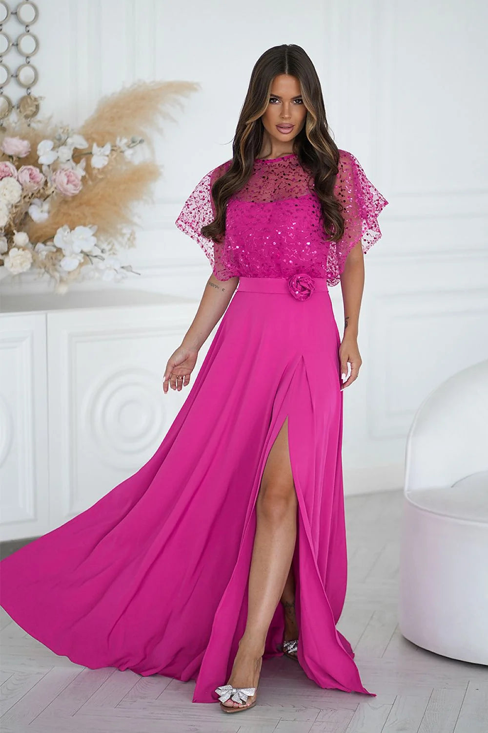 robe longue soirée fuchsia fines bretelles dentelle brodée sequins bolero scintillant ceinture fleur taille haute jupe chiffon fluide