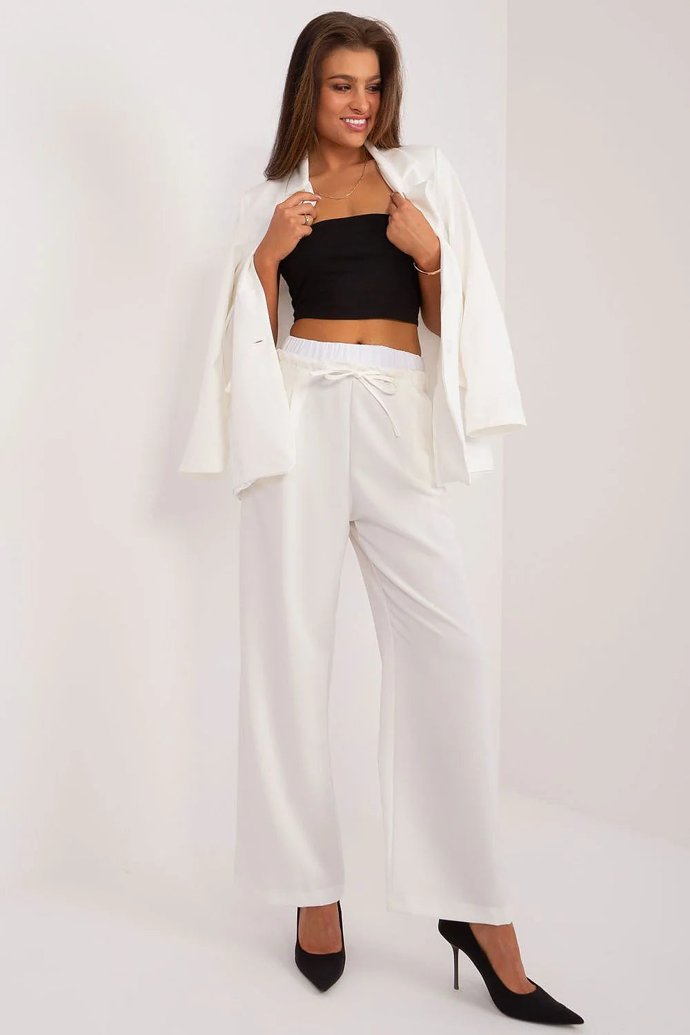 Pantalon femme Italy Moda élégant style palazzo tissu lisse couleur blanc taille haute jambes larges occasion formelle