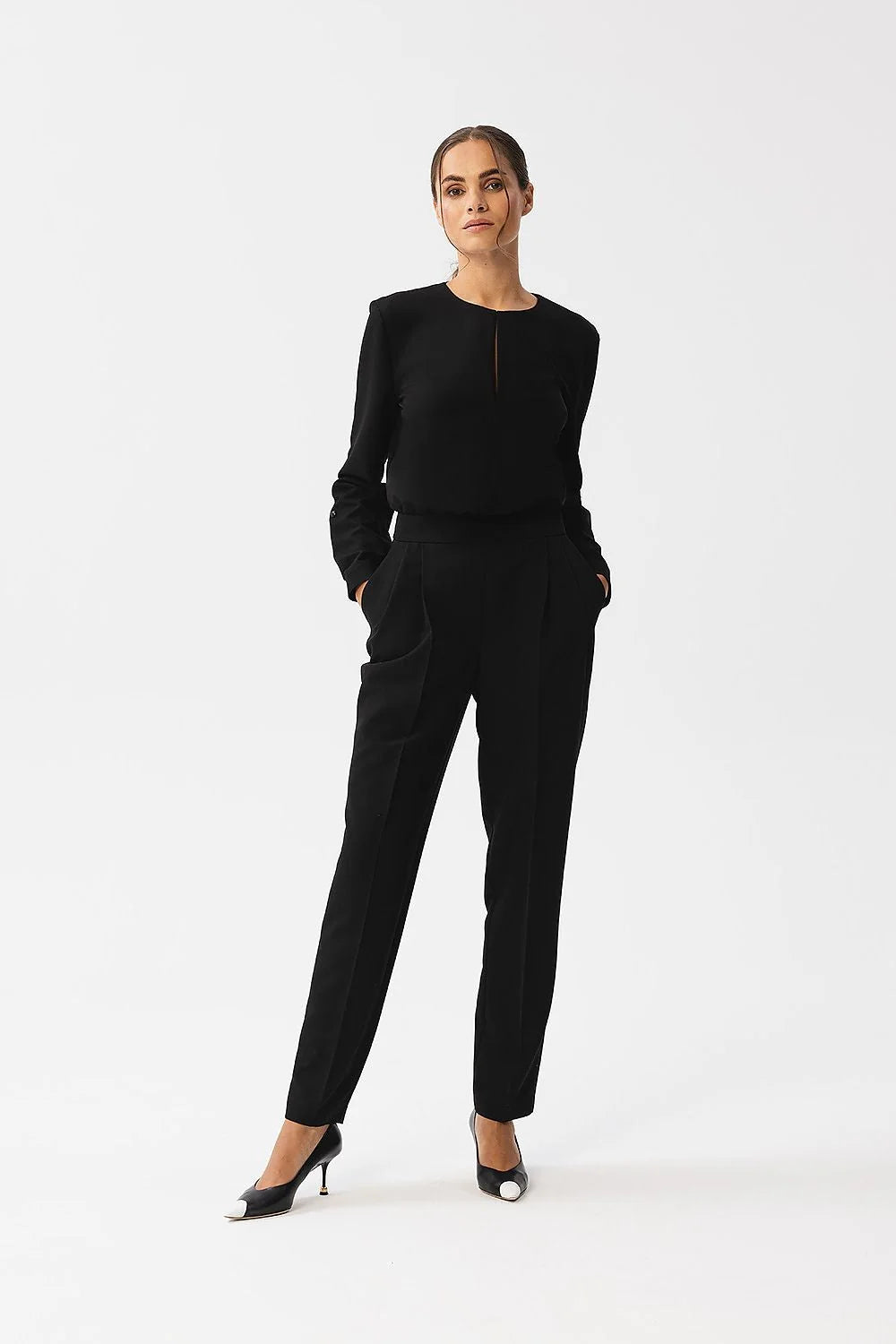 Combinaison Stylove chic élégante noire manches longues en polyester élasthanne taille ajustable occasion professionnelle femme