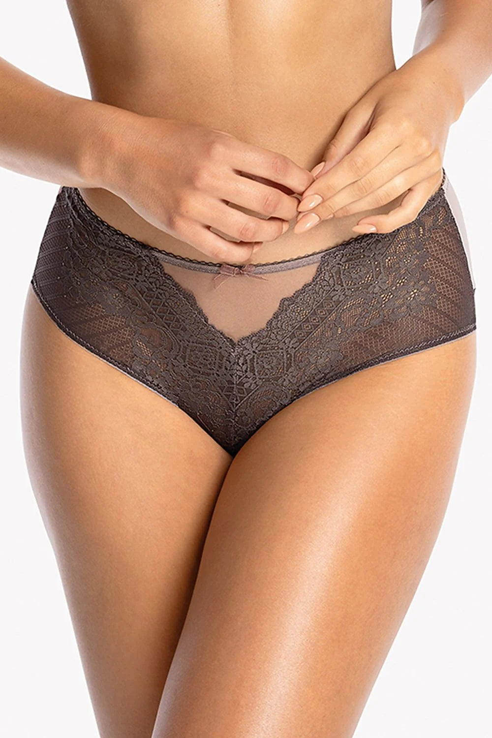 Culotte féminine en dentelle classique coupe ample taille haute maintien confortable coloris gris taupe taille ajustable femme