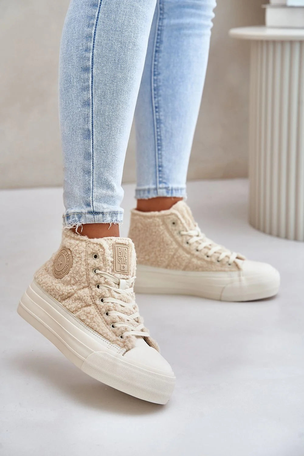 Baskets montantes femmes BIG STAR Step in style cuir sherpa beige isolée plateforme 4 cm confort automne hiver