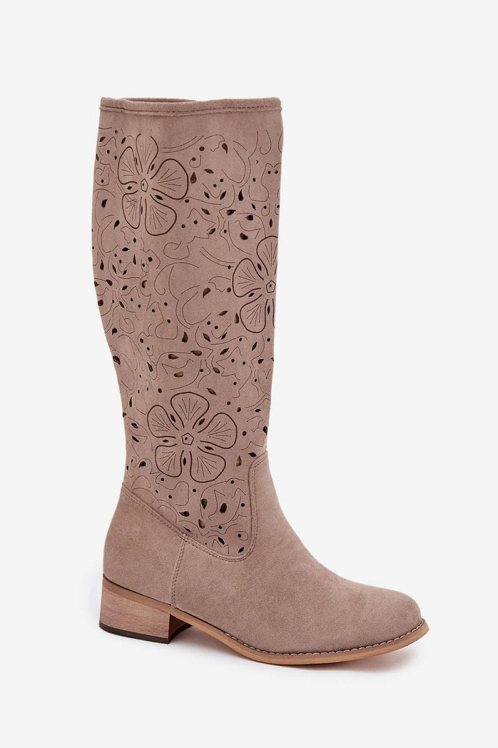 bottes femme suédine taupe montantes genou ajourées perforées zippées talon bas bois bout rond confortables contrefort renforcé stabilité bohème chic