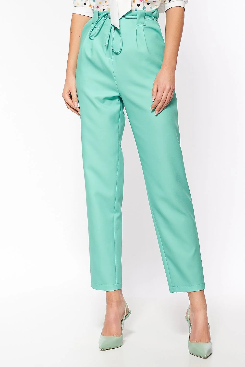 Pantalon femme crêpe bleu vif élégant taille haute ceinture nouée chic pour soirée