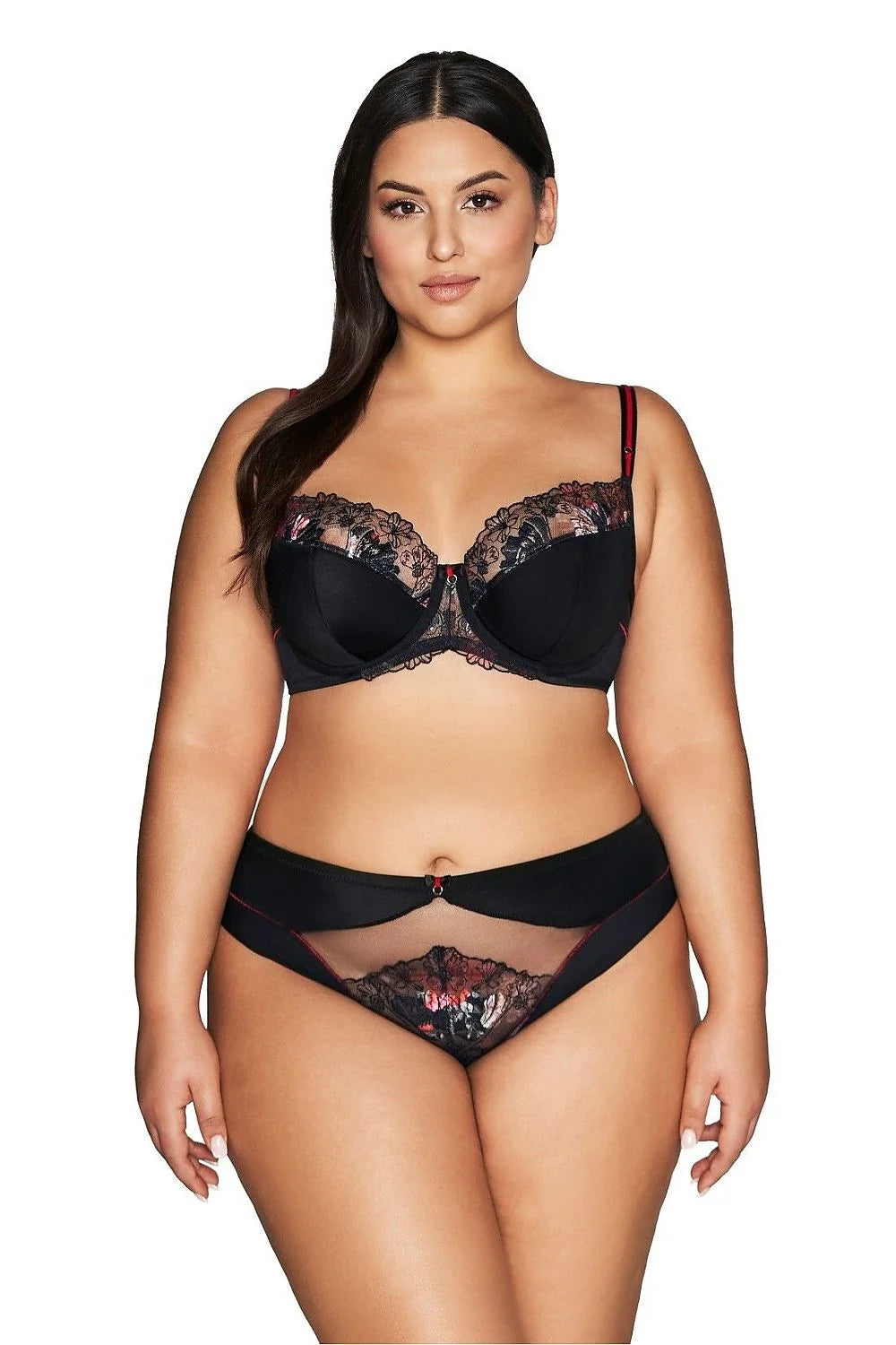 Soutien-gorge élégant et sensuel semi-soft Ava en microfibre dentelle noire motifs floraux rouges cups rembourrées maintien optimal femmes poitrine généreuse