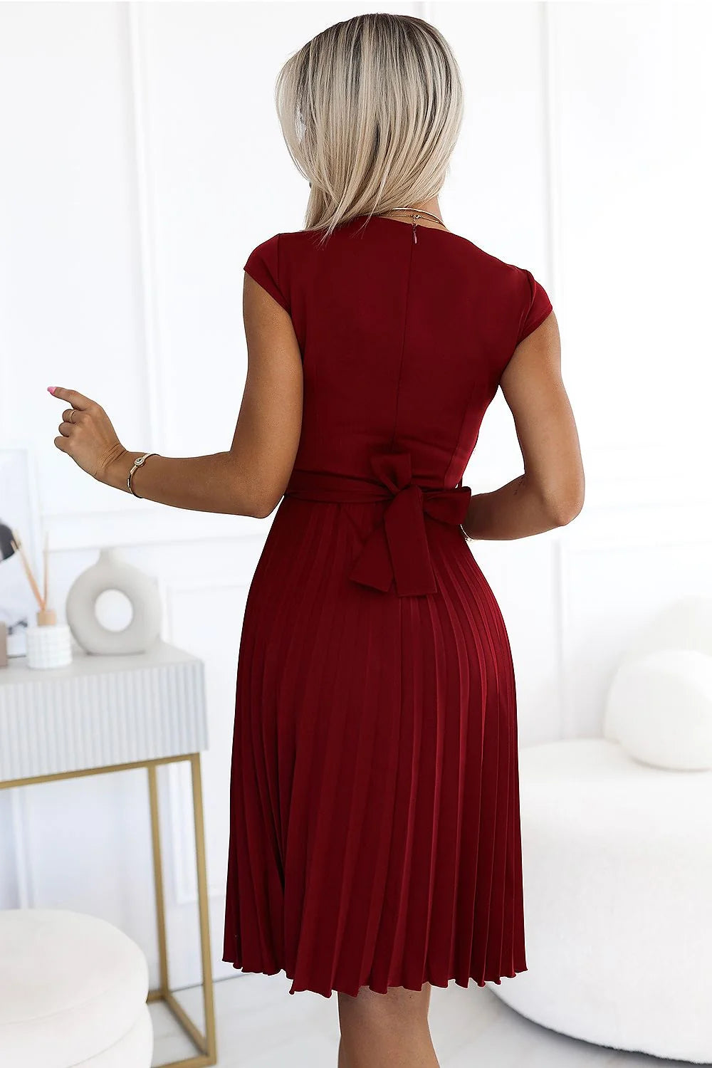 Robe de jour élégante Numoco Lilas couleur bordeaux manches courtes ceinture large plissée taille ajustable femme