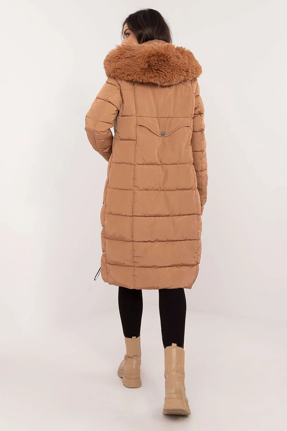 Manteau long pour femmes en polyester matelassé style urbain couleur camel capuche fourrure New York