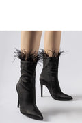 bottines femme satinées noires talons aiguilles stiletto bout pointus tige mi mollet froncées plumes décoratives fermeture éclair latérale rembourrées confortables