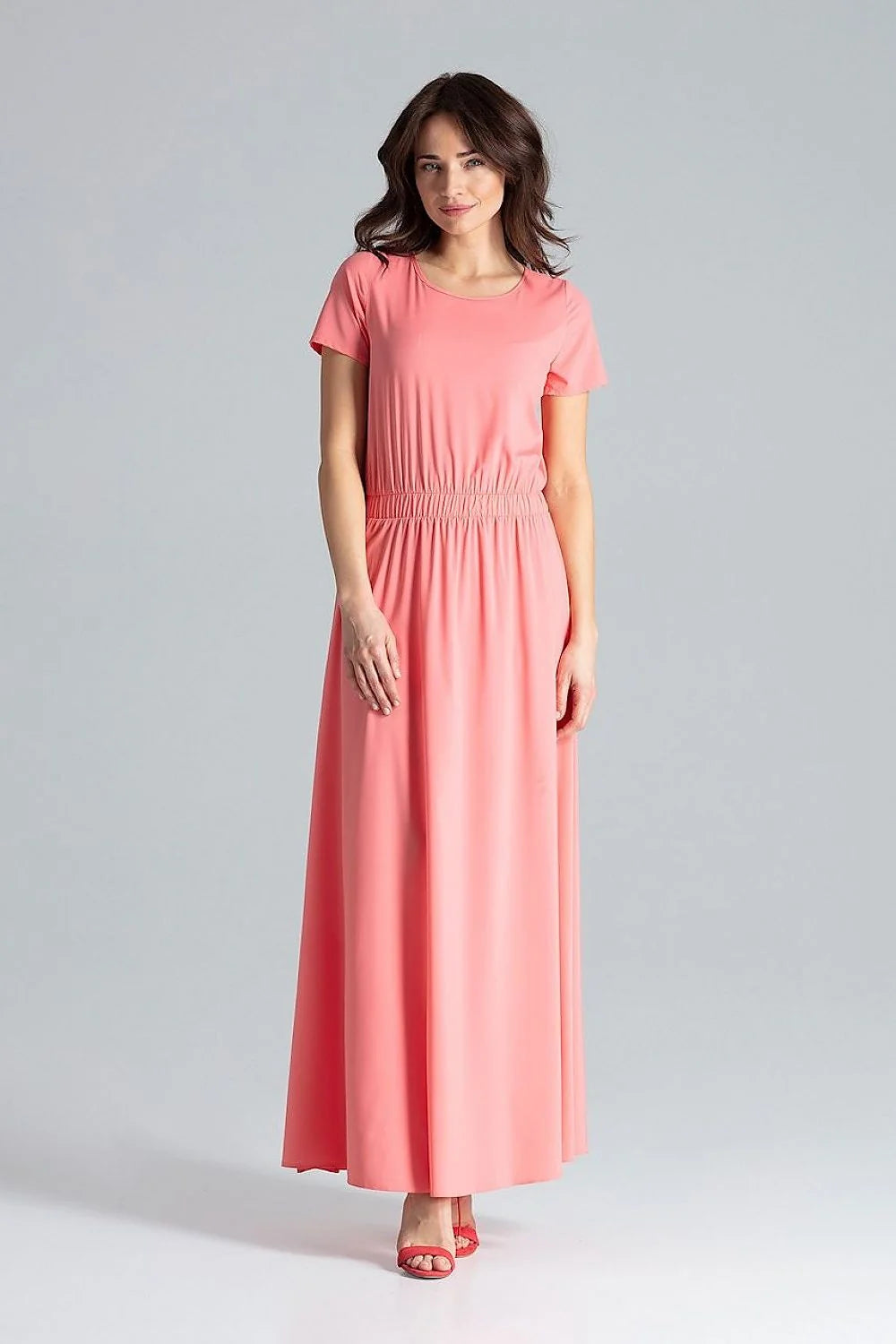 Robe longue pour femme manches courtes style épuré couleur rose saumon taille élastiquée sans fermeture ni poches mode été