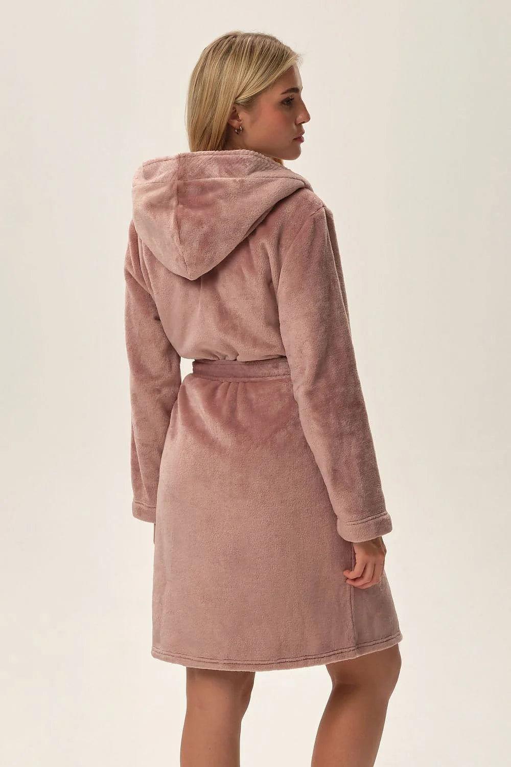 Peignoir en peluche Fumi rose pâle pour femme, style classique, doublure rayée, capuche fixe, ceinture à nouer, poches, polyester 100%