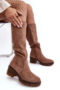 Bottes cuissardes en suédine brune chic moderne avec fermeture éclair pour femmes élégantes et tendance