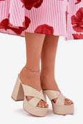 mules femmes talons hauts similicuir larges brides croisées plateforme compensée beige nude talon bloc 12cm rétro chic estivale confortable maintien
