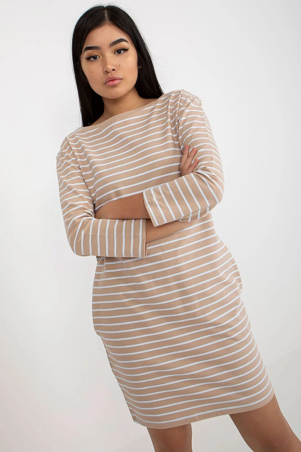 Robe femme Rue Paris manches longues coupe droite élégante casual tissu rayé coton elasthanne poches latérales noire blanche confortable