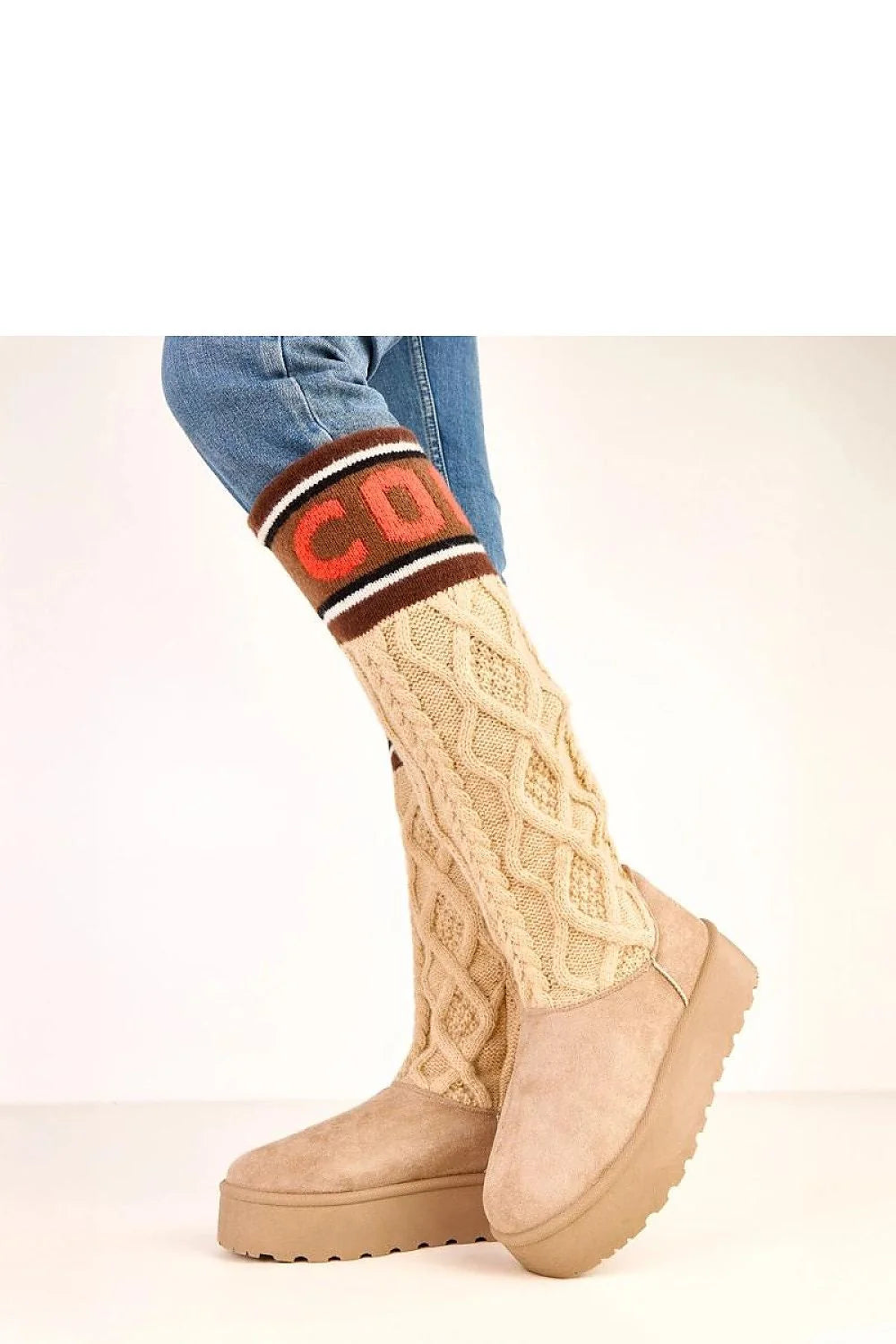 bottes neige femme chaudes tige haute cuir écologique daim beige maille torsadée bordcôte marron rayures bout rond plateforme crantée thermique