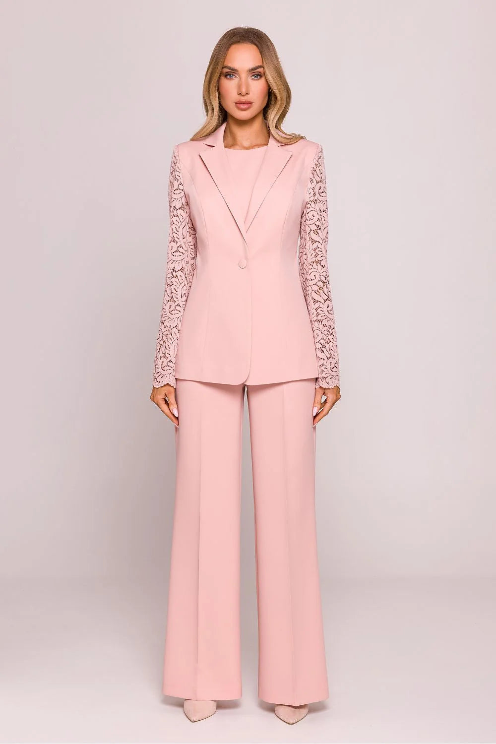 Veste Moe élégante longue manches dentelle élastique couleur rose pâle tailleur femme