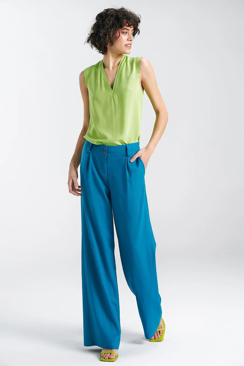 Pantalon long Nife pour femme en viscose, lin et coton bleu capri coupe décontractée taille haute poches latérales