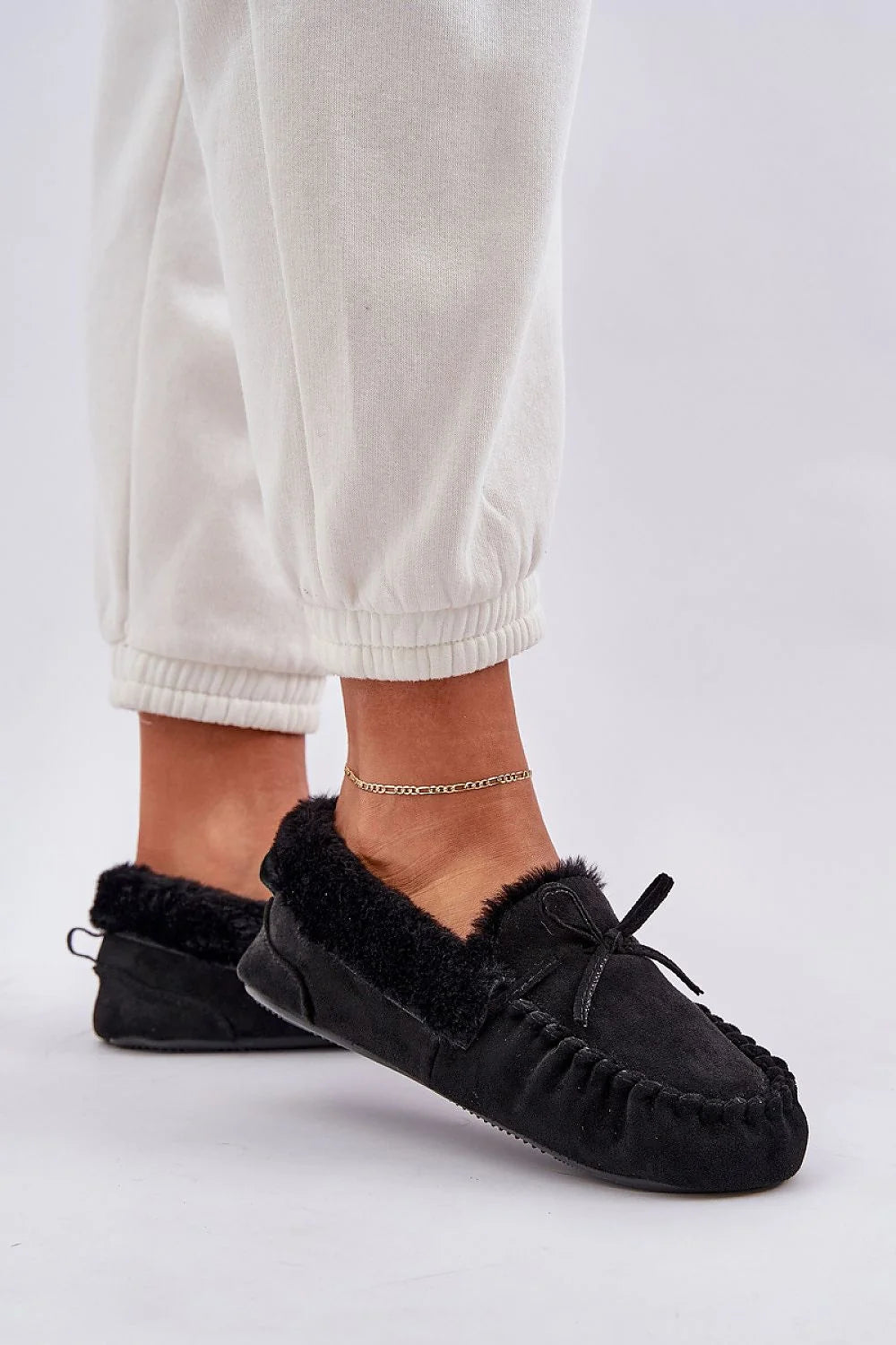 Mocassins en suédine écologique pour femme, style slip-on, fourrure noire intérieure, semelle antidérapante, confort intérieur