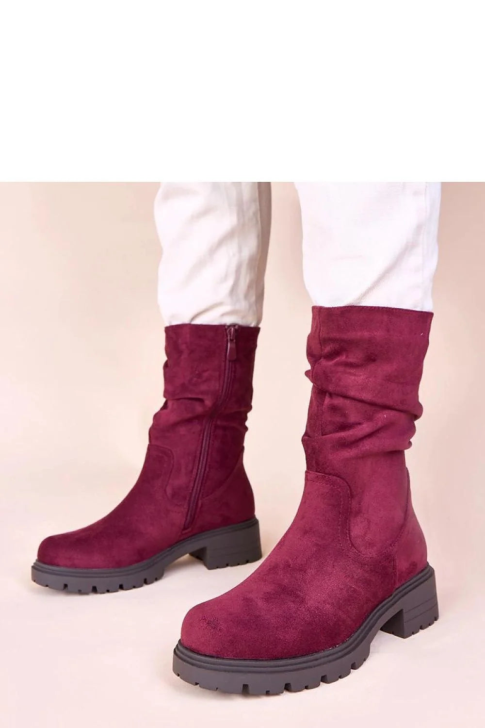 bottines bordeaux violine suédine empeigne froncée bout rond plateforme plissée semelle crantée talon bloc moyen fermeture zippée latérale confort Gemre