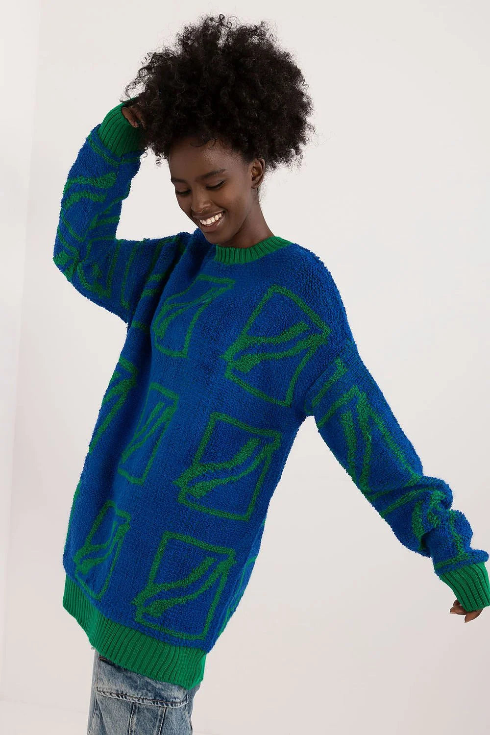 Chandail pour femme oversized design géométrique bleu vert manches longues col rond tricoté mélange acrylique laine