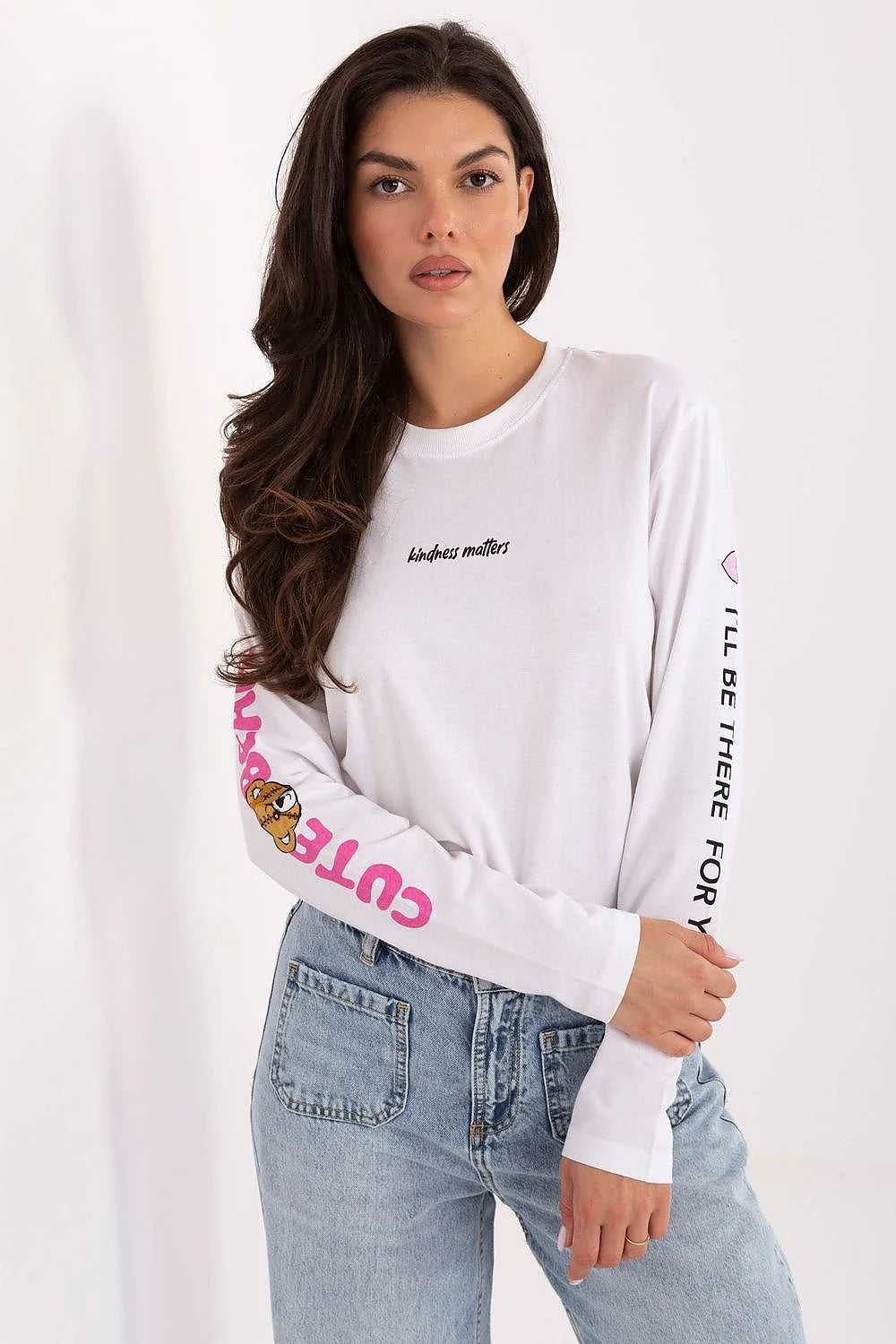 chemisier femme manches longues col rond coupe droite jersey coton doux casual imprimé graphique slogan kindness matters ours rose contrastant