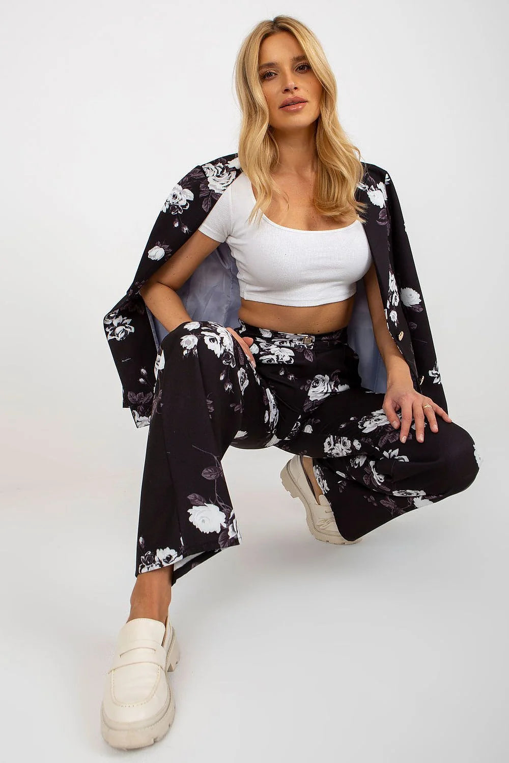 Ensemble femme crop top pantalon large motif floral coton élasthanne polyester taille haute occasion chic