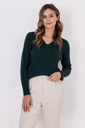 Pull femme élégant col V manches côtelées couleur vert foncé maille fine qualité supérieure basique intemporel