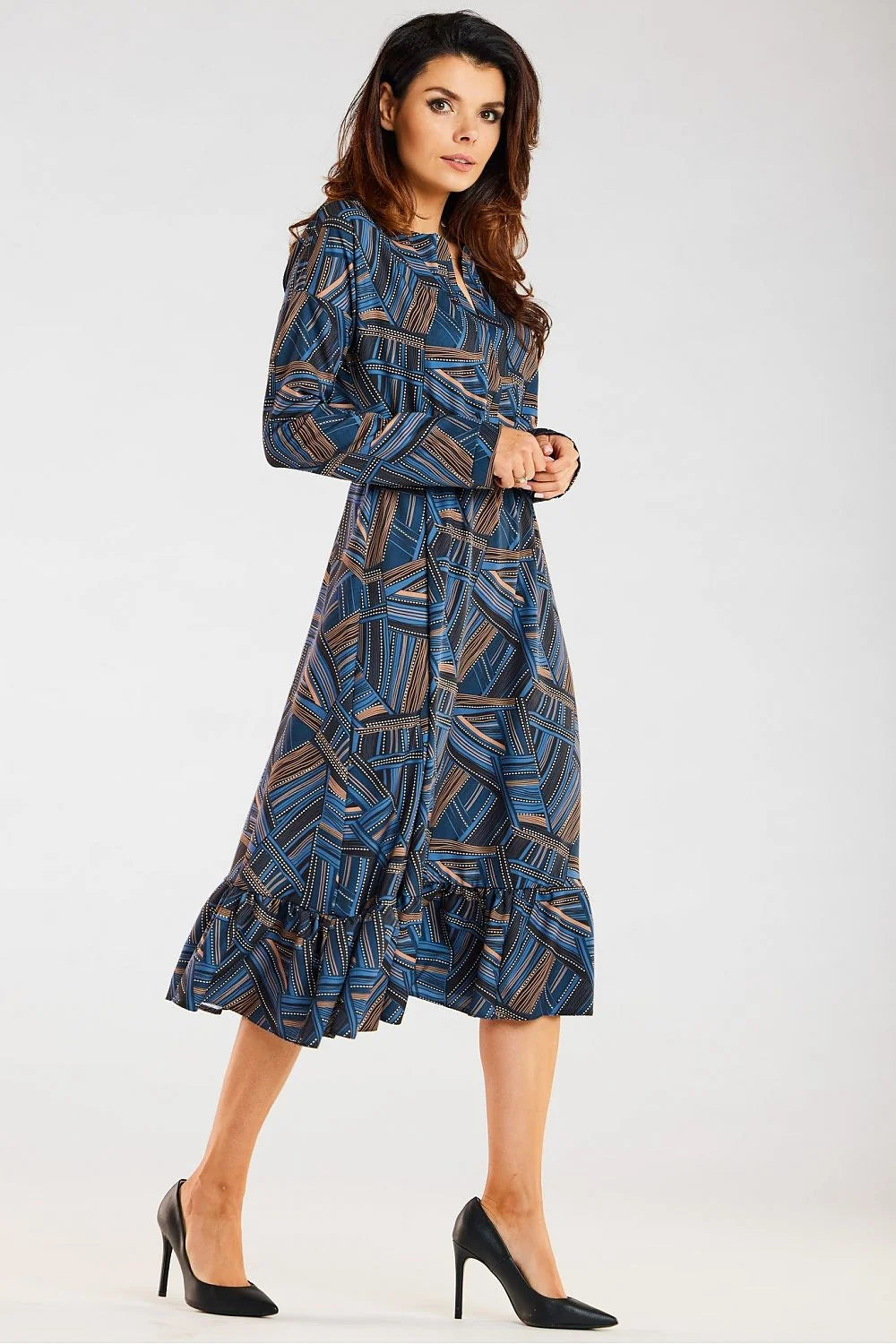 Robe awama femme style décontracté élégant floral automnal couleurs marron beige blanc noir manches longues taille élastiquée