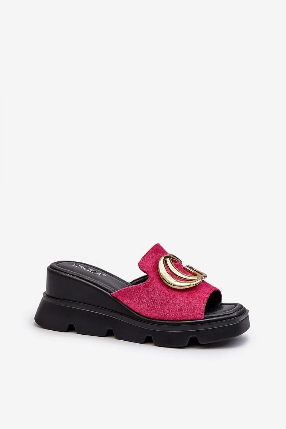 sandales femme suédine fuchsia bout ouvert talon compensé semelle crantée ornement doré chaîne cheville rembourrée confortable