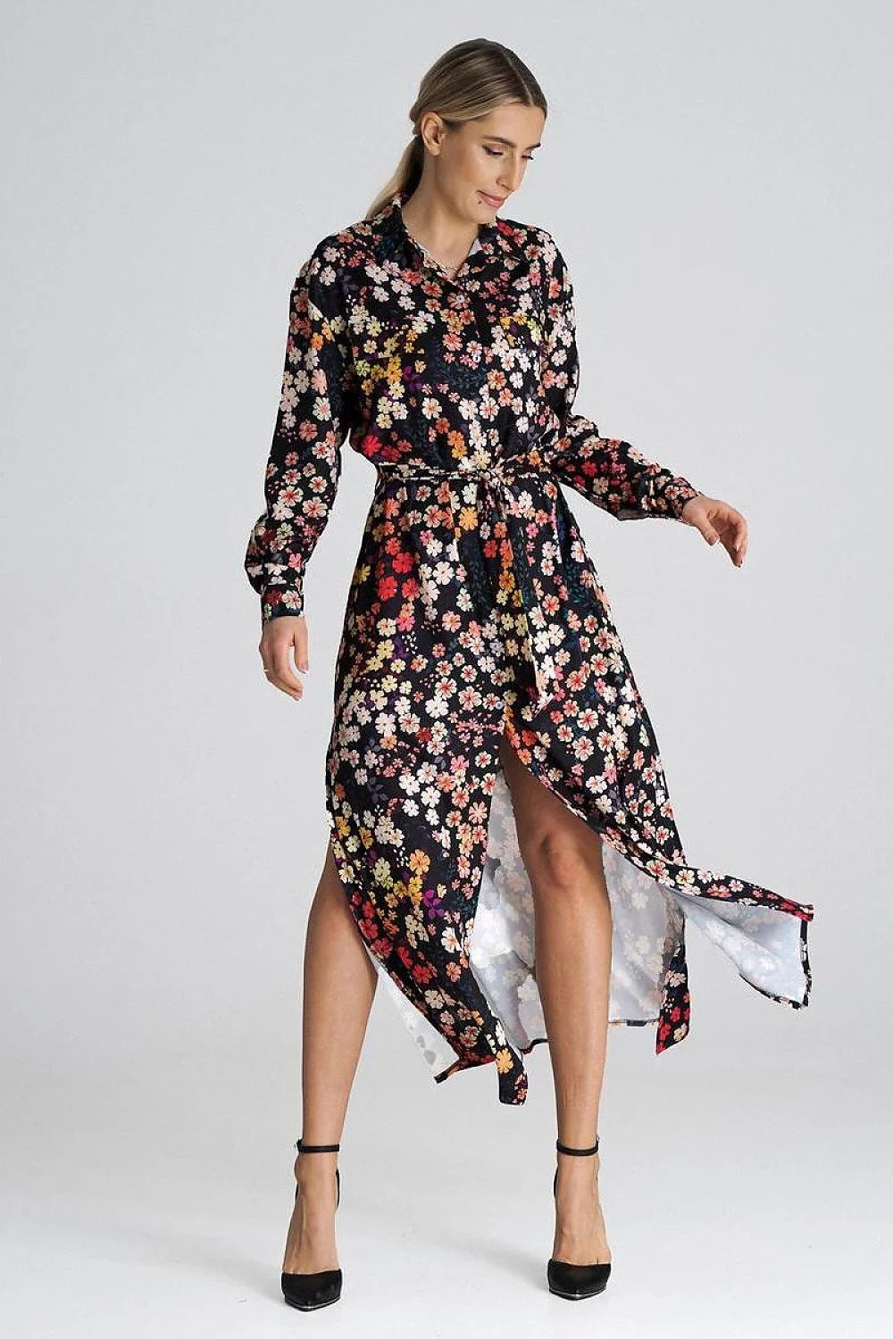 Robe longue à motifs floraux élégante chemise manches longues ceinture fente sexy polyester 97% femme