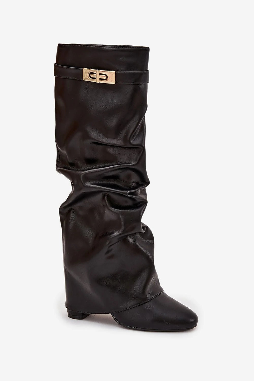 bottes femme similicuir noir brillant hautes tige froncée plissée bout pointu talon colonne stable sangle boucle dorée confortable