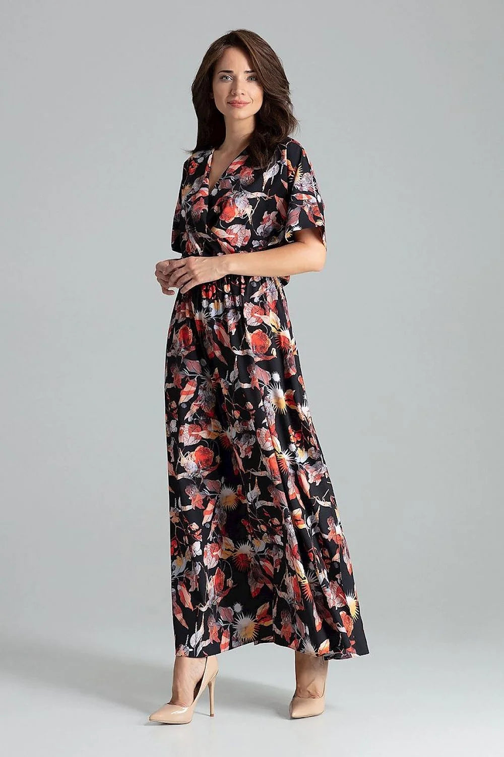 robe longue fluide beige nude chiffon cachecoeur boheme chic manches kimono courtes taille froncee elastiquee jupe evasee fente laterale plongeant