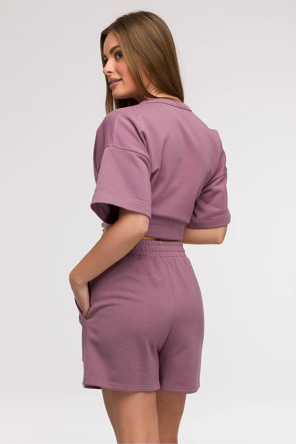 Shorts Be Wear pour femmes coupe ample taille haute manches courtes style décontracté couleur mauve doux poches latérales