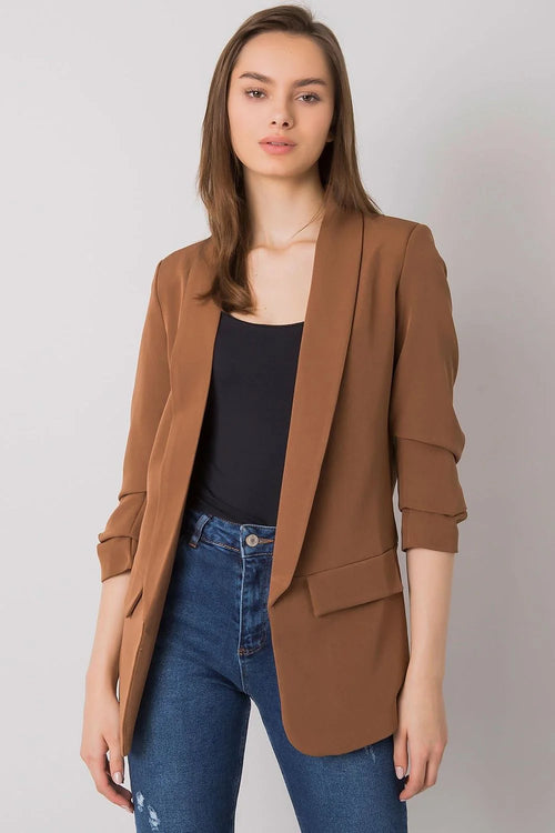 Blazer femme crêpe fluide élégant marron cognac ajusté manches retroussées col châle poches rabat