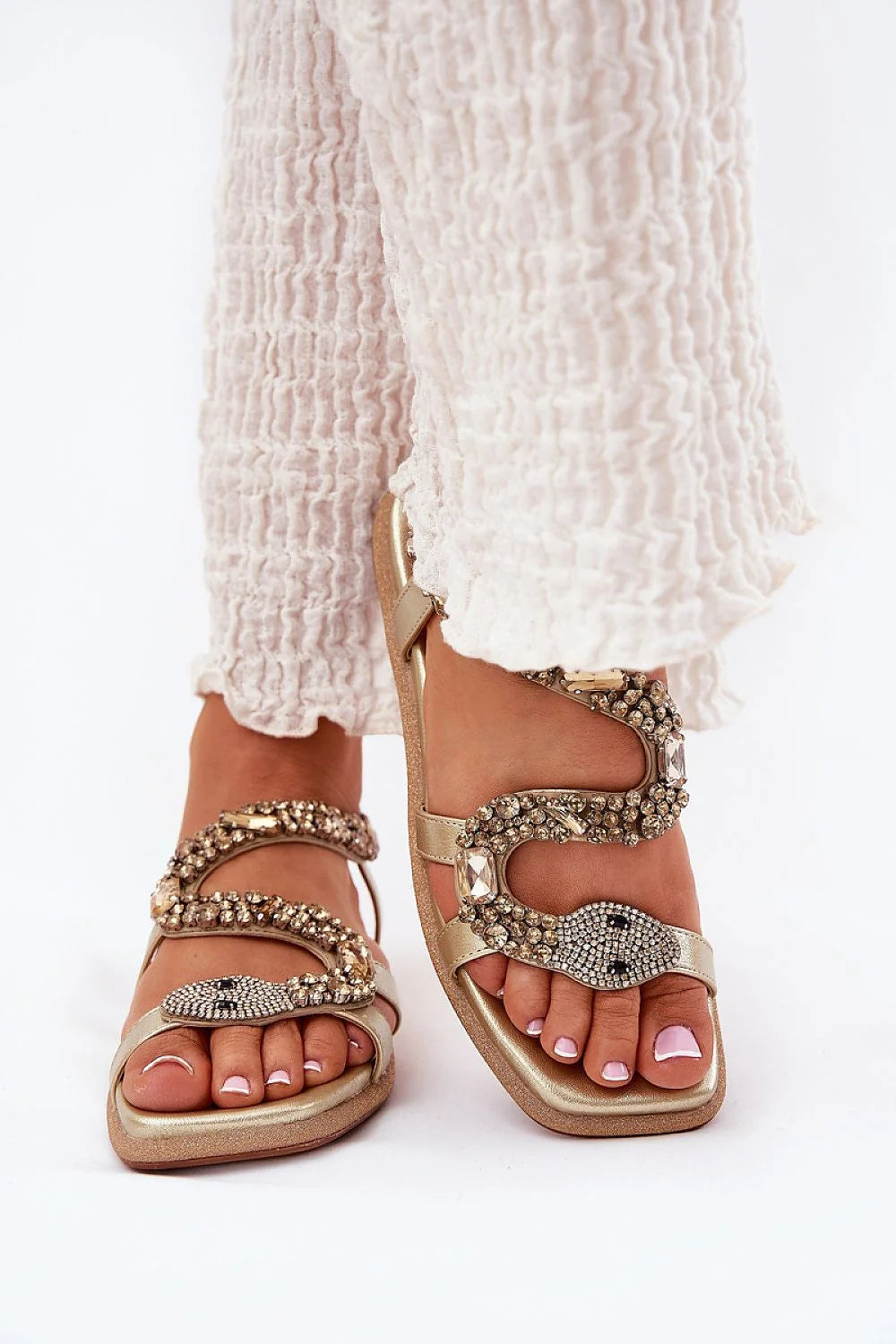 Sandales dorées femmes style serpent pierres perles cuir artificiel semelle anti-dérapante occasion estivale chic