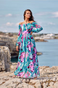 robe bohème longue maxi motif floral tropical décolleté Bardot épaules dénudées manches longues bouffantes taille cintrée ceinture élastiquée