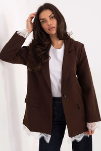 veste tailleur femme blazer long marron chocolat col cranté coupe droite oversize tissu structuré dentelle poignets ourlet épaulettes doublure élégante