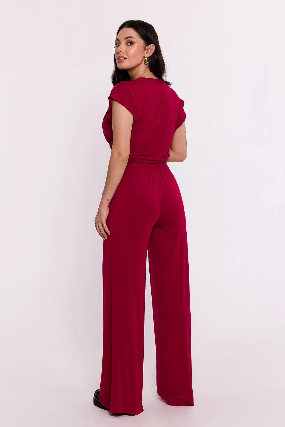 Ensemble femme haut top manches courtes décolleté V profond pantalon palazzo taille haute maille viscose haute qualité couleur rouge bordeaux