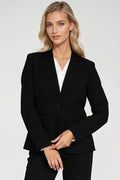 blazer femme tailleur noir cintrée col revers manches longues épaulières structurées poches rabat doublure soyeuse extensible hanche bouton élégante