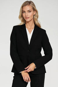 blazer femme tailleur noir cintrée col revers manches longues épaulières structurées poches rabat doublure soyeuse extensible hanche bouton élégante