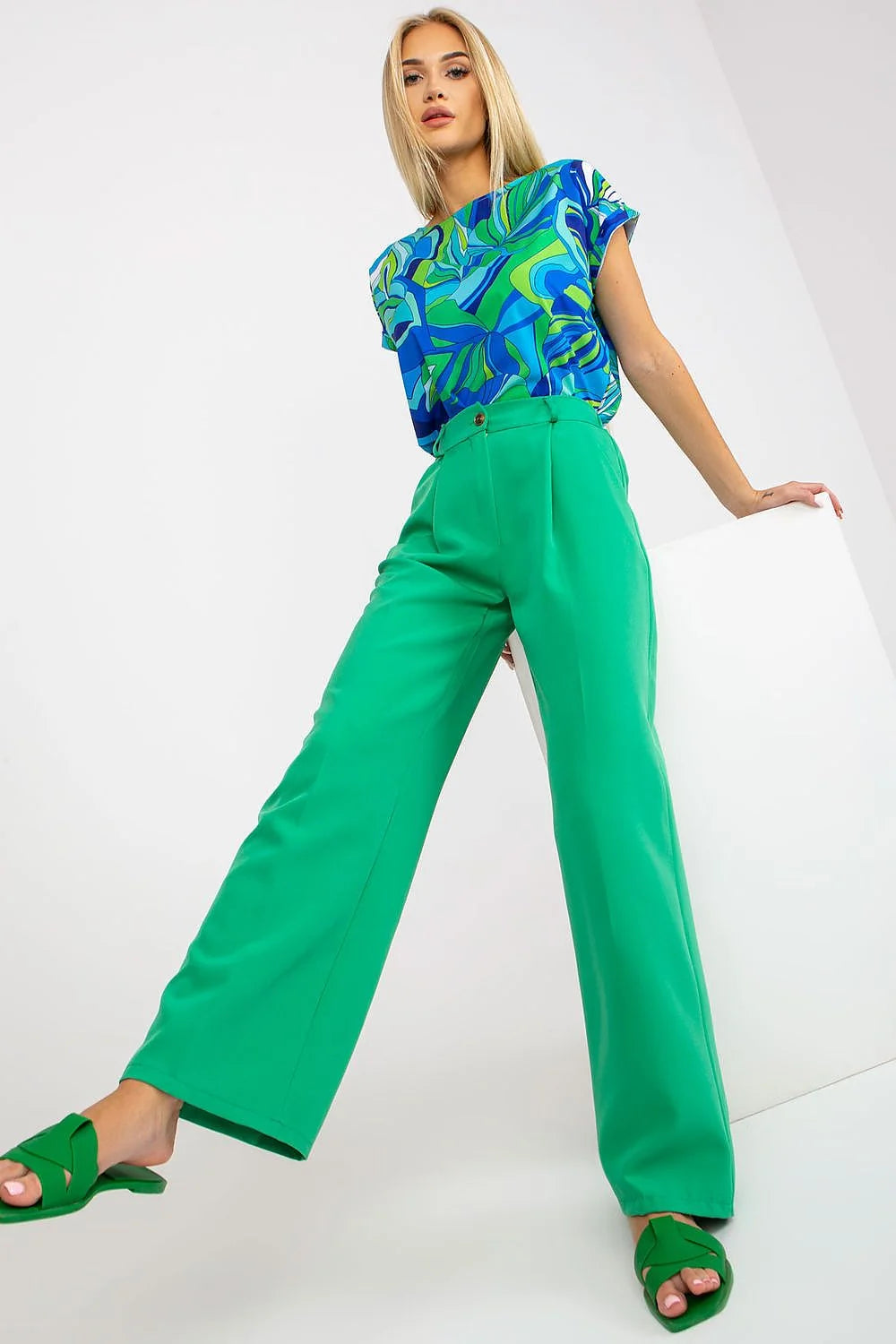 Pantalon femme Italy Moda avec chemisier imprimé floral, blanc, taille haute, élasthanne, polyester, occasion estivale, style chic, coupe évasée
