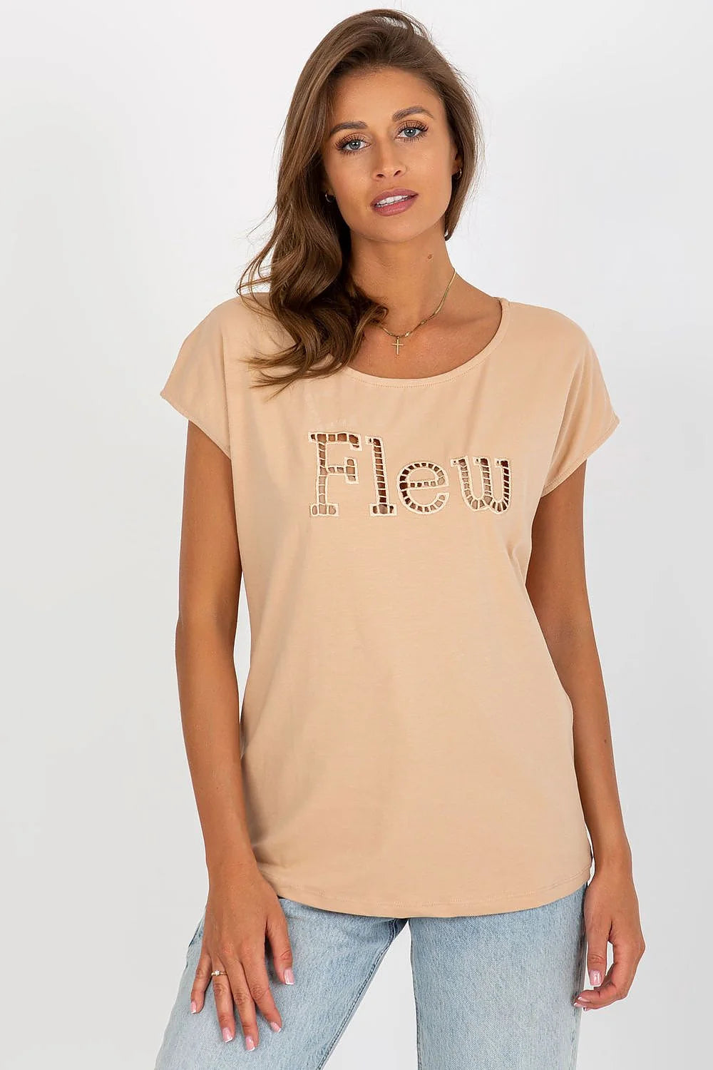 T-shirt pour femme Fancy encolure ronde manches courtes tissu coton elasthanne design graphique beige clair mode décontractée
